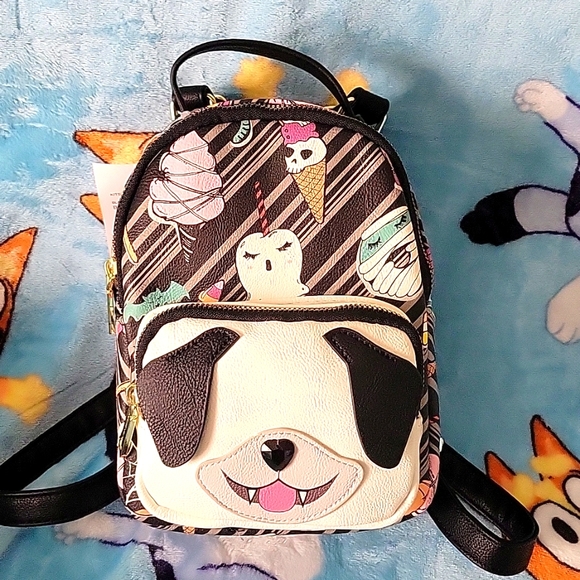 Betsy Johnson Black Print Dracula Puppy Treats Kitsch Mini Backpack - Picture 1 of 5